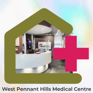 Logo banner for West Pennant Hills Medical Centre featuring a modern clinic reception area inside a house-shaped frame with a medical cross symbol.