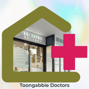 Logo banner for Toongabbie Doctors featuring a modern clinic reception area inside a house-shaped frame with a medical cross symbol.
