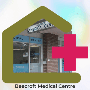 Logo banner for Beecroft Medical Centre featuring a modern clinic reception area inside a house-shaped frame with a medical cross symbol.