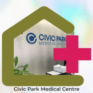 Logo banner for Civic Park Medial Centre featuring a modern clinic reception area inside a house-shaped frame with a medical cross symbol.