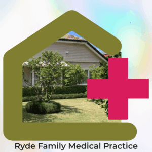 Logo banner for Ryde Family Medical Centre featuring a modern clinic reception area inside a house-shaped frame with a medical cross symbol.